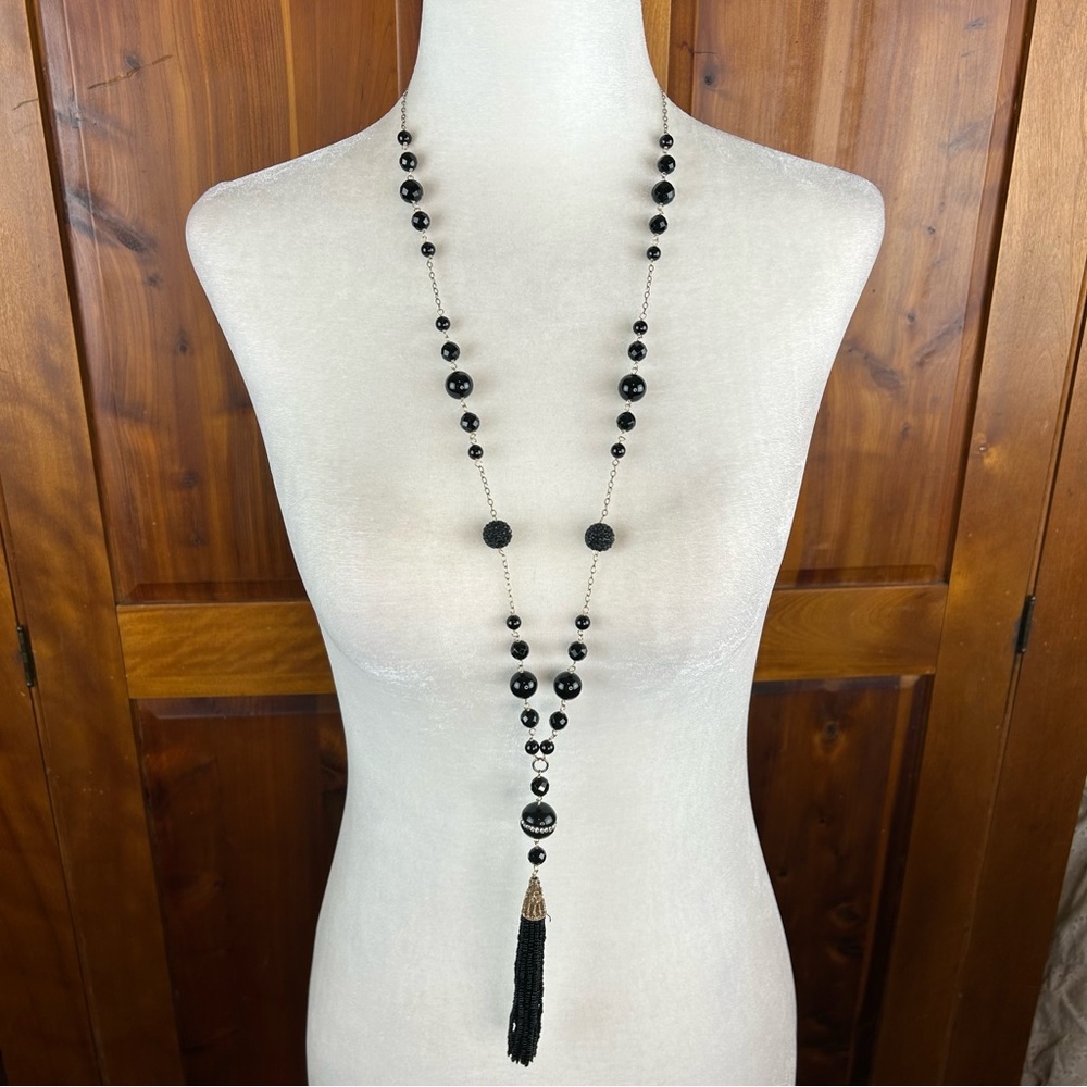 Bloomingdale's Sterling Silver 925 Black Onyx Flapper Beaded Necklace w Tassel